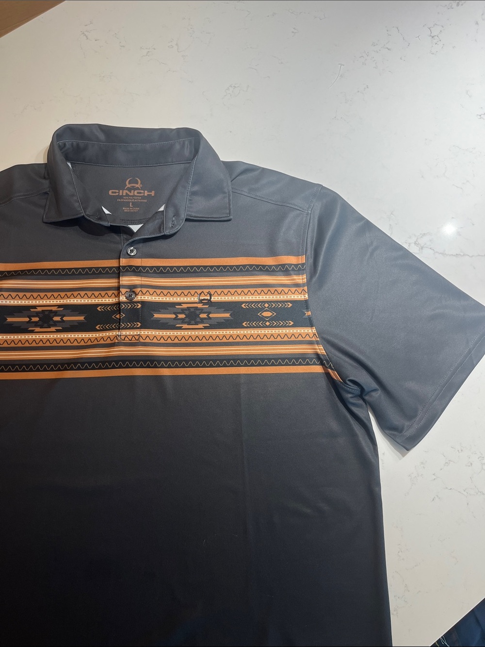 Cinch Men’s Short Sleeve Polo - Charcoal with Orange Aztec Stripe